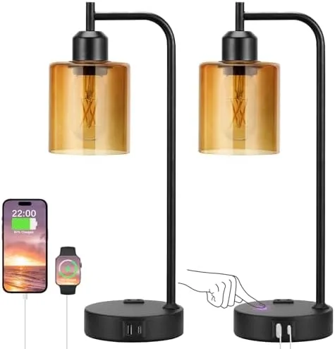 Amber Glass Bubble Table Lamp, Set of 2