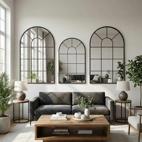 Arched Window-Pane Wall Mirror, Set of 3