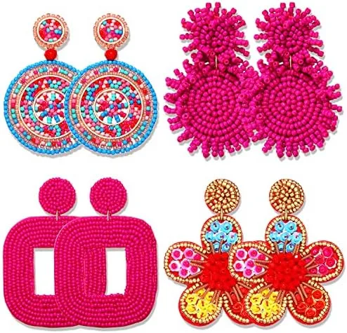Beaded Statement Earrings, 4-Pair Set