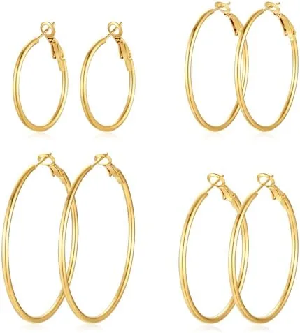 Gold Hoop Earrings, 4-Pair Set