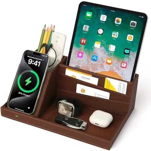 Leather Nightstand Charging Organizer