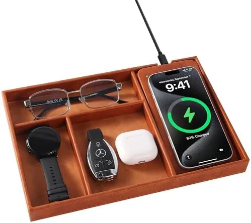 Leather Valet Tray with Wireless Charging