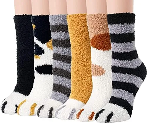 Novelty Cat Paw Fuzzy Socks, 6-Pack