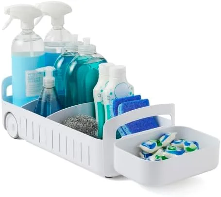 Keep Cleaning Supplies Upright and Grouped in One Carryable Bin