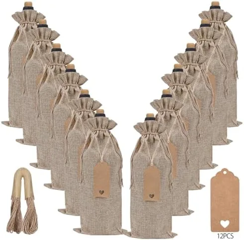 Burlap Wine Bottle Gift Bags with Tags (12-Pack)