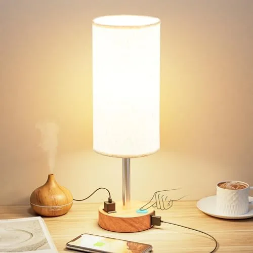Wood Base Table Lamp with USB Ports